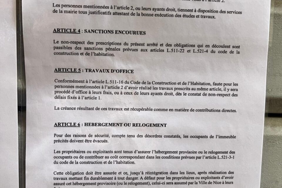 L'arrêté de mise en sécurité pris par la ville de Nice.